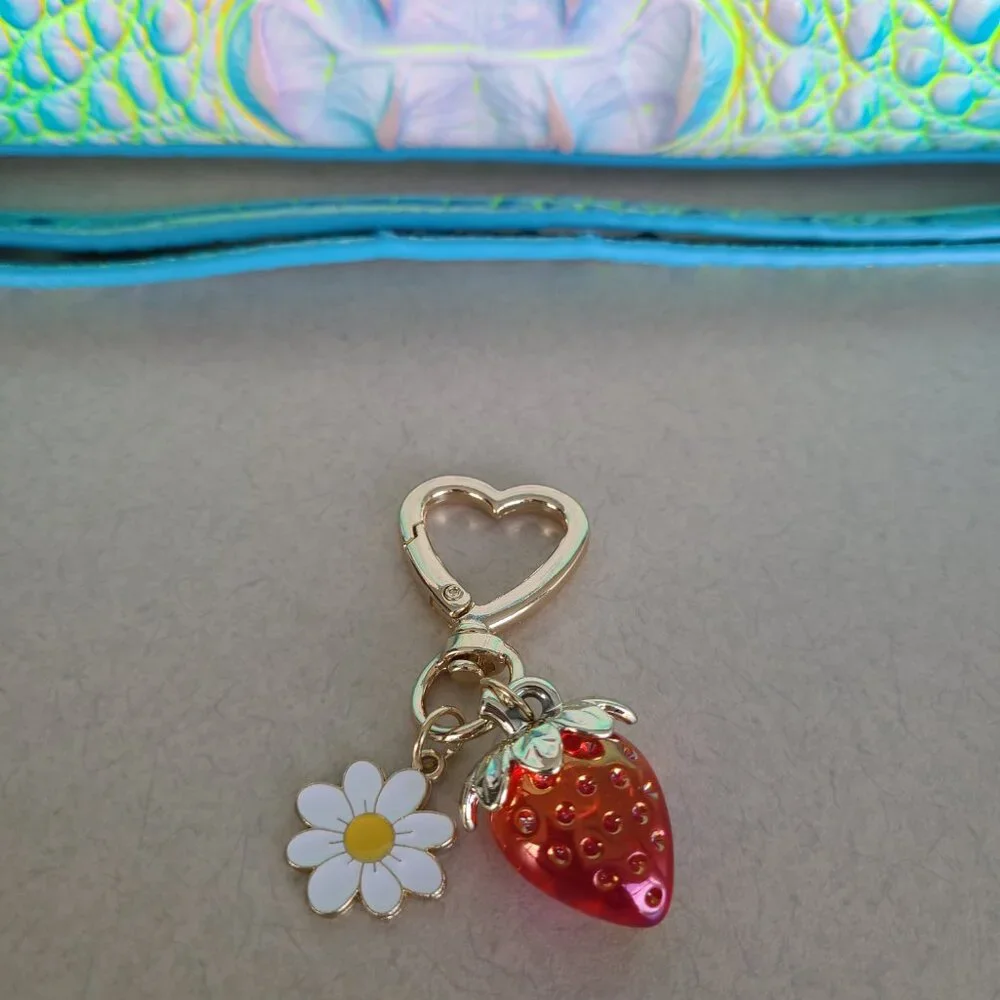 Red Strawberry and Daisy Purse Charm with Heart